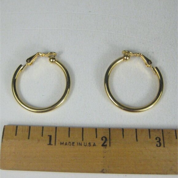 Small Gold Tone Classic Round Hoop Clip On Earrings Hinged - Picture 3 of 7